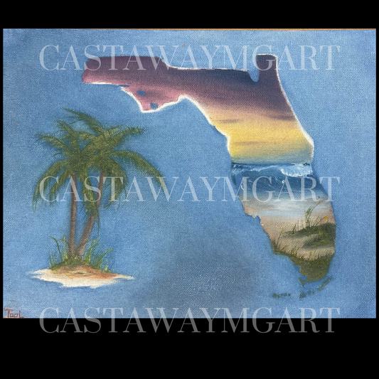 Painted PIcutre Of The State Of Florida And The Florida Keys With Palm Trees